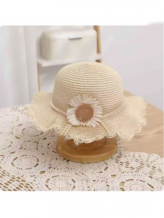 Kid's Woven Sun Hat W/ Flowers